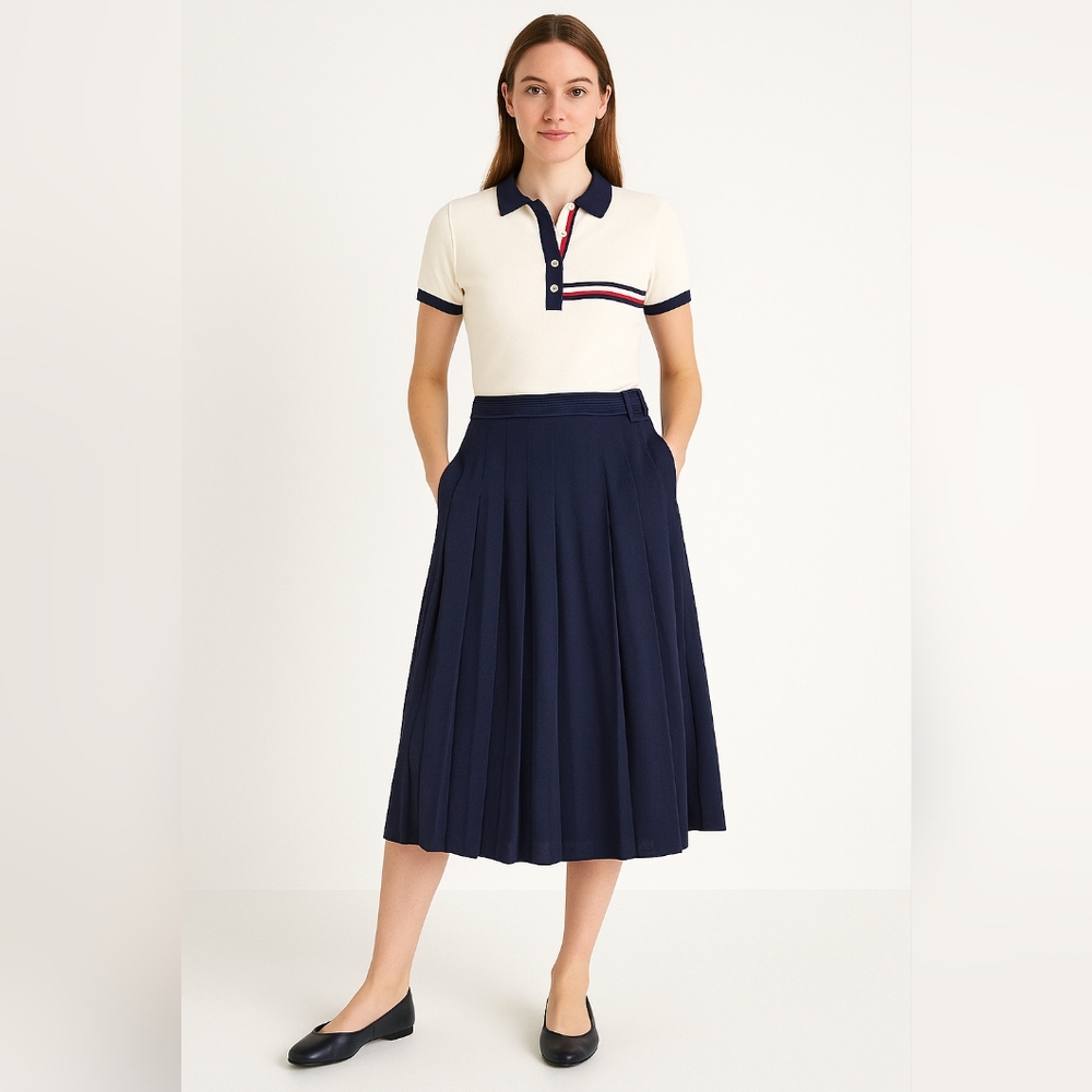 NWT Tommy Hilfiger Women’s Navy Pleated Midi Skirt Size 10 – Classic Chic